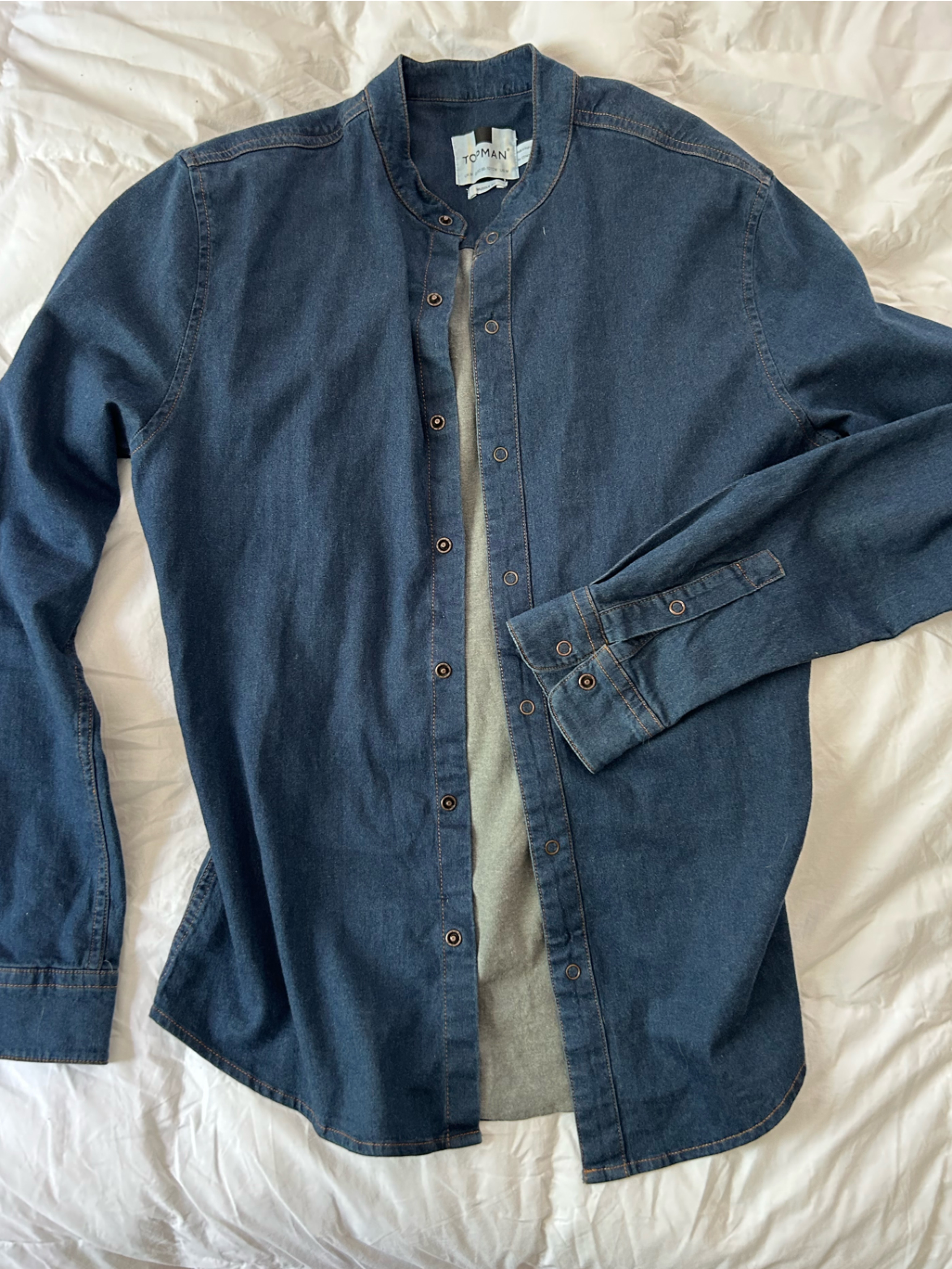 Topman Dark Blue Denim Shirt Jacket With Contrast Stitching